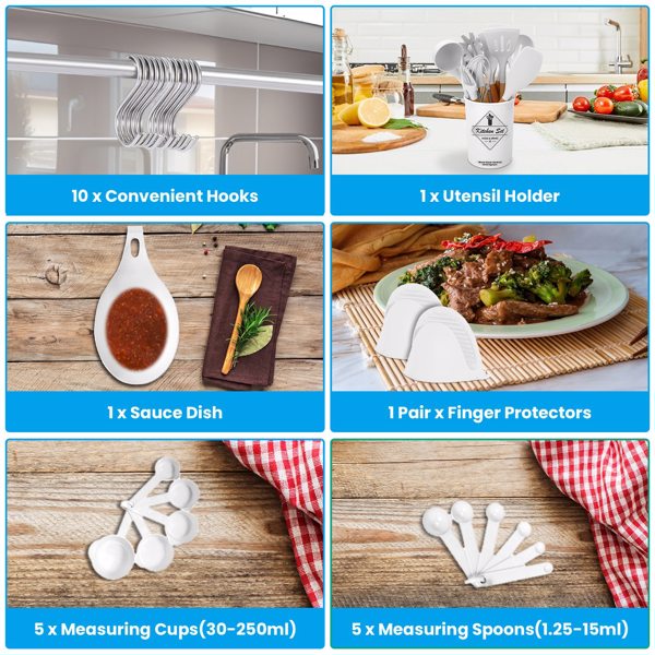 （物流随机发，自提可发加拿大）-35件厨房烹饪用具套装抹刀套装烘焙用具套装厨房配件必备品带支架蛋威士忌分离机汤头特纳勺杯-白色-6