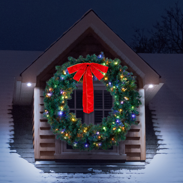 48in 绿色 花环 带蝴蝶结 450枝头 150LED四彩加暖白无极灯 带遥控   PVC 圣诞PVC花环 30V 3.6W 美规-9