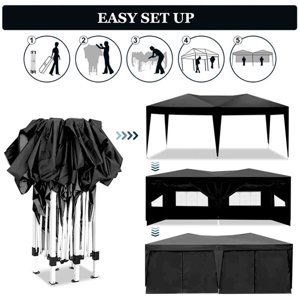 10x20FT 黑色 6片面 折叠棚 牛津布 喷塑铁管 带便携包袋和沙袋-4