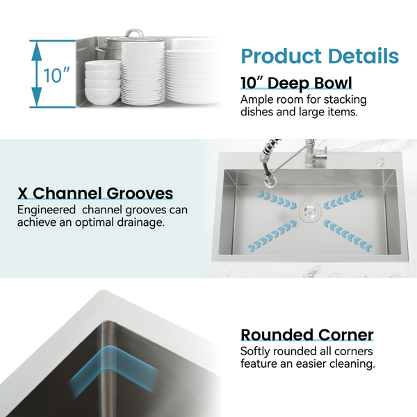 厨房水槽，27英寸x19英寸单盆，深灰色手工包覆式水槽，配备美式标准排水管和挂钩【周末不发货，TK/TEMU订单仅支持自提】-6