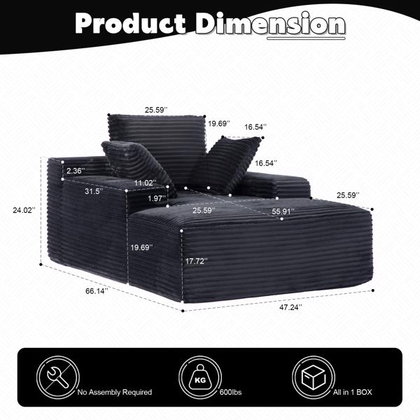 超大躺椅舒适云沙发，现代毛绒灯芯绒软垫沙发床，带 3 个抱枕和宽扶手，适用于客厅，无需组装，黑色-12