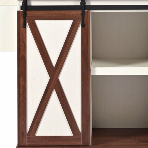 K&K 55.5 英寸农舍厨房岛，带折叠板，厨房储物岛，带谷仓门，电源插座，带香料架的带轮厨房推车，适用于家庭、厨房、餐厅，白色-7