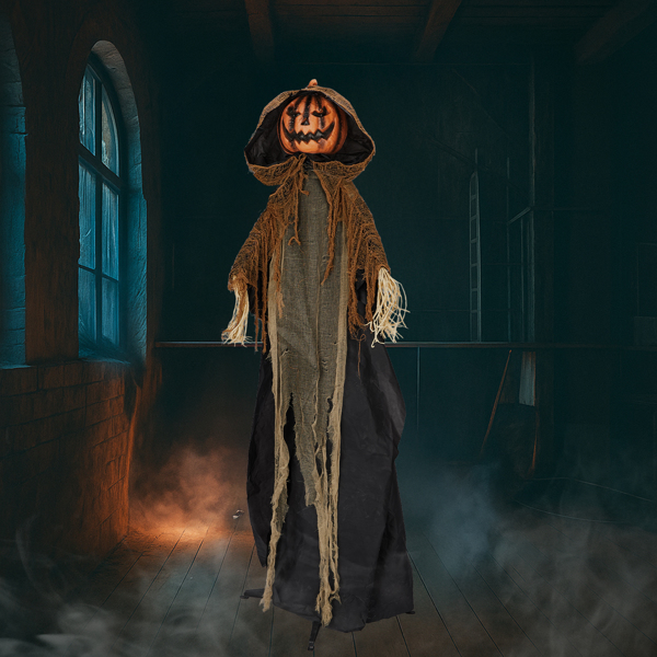 5.8ft  带帽南瓜人 眼睛红灯  头手动 鬼叫声 声控  电池款不含电池 万圣站立装饰-10