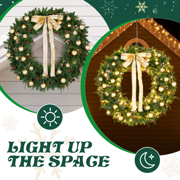 48in 浅绿色 花环 带蝴蝶结 松果  金色系配饰 450枝头 150LED暖白8模式 带遥控   PE+PVC 圣诞PVC花环 30V 3.6W 美规-5