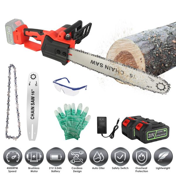 （物流随机发，自提可发加拿大）-无线电锯16英寸，无刷电机电动链锯，40伏电池供电，含2块电池及双端口快速充电器，适用于伐木作业，树木砍伐与木材切割-1