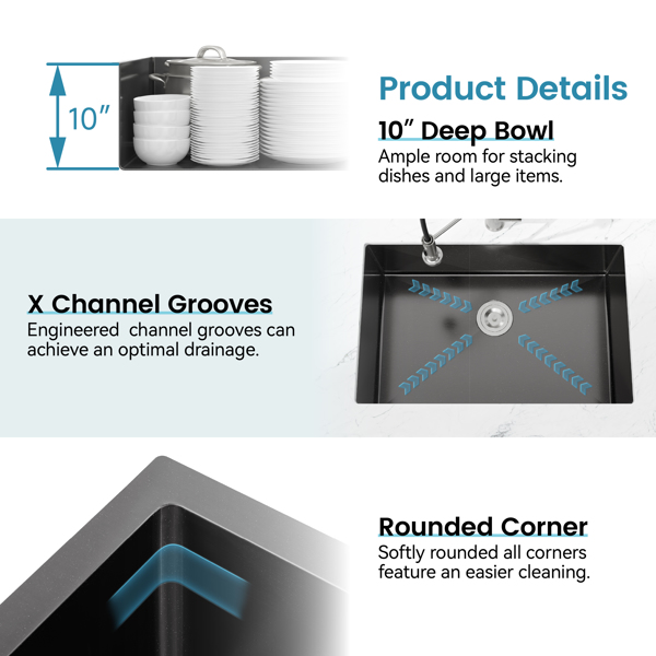 厨房水槽，27英寸x19英寸单盆，黑色台下手工水槽，配备美国标准排水管和挂钩【周末不发货，TK/TEMU订单仅支持自提】-6