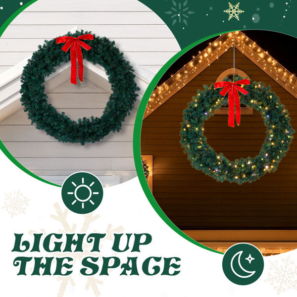 60in 绿色 花环 带蝴蝶结 600枝头 220LED四彩加暖白无极灯 带遥控   PVC 圣诞PVC花环 30V 3.6W 美规-5