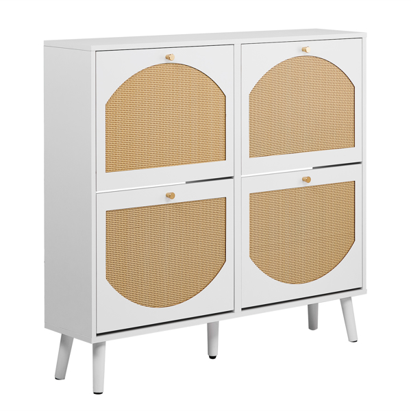 2排4个翻斗带高脚拱形藤面 鞋柜 刨花板+塑料藤 105*24*98cm 白色框架+原木色藤面+白色高脚 鞋柜-10