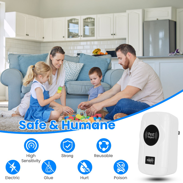 （物流随机发，自提可发加拿大）-六连装超声波驱虫器 - 双声波技术，三档模式切换，32-120kHz频率范围，覆盖全屋空间，儿童家庭安全适用 - 室内插电式驱虫防鼠器-2