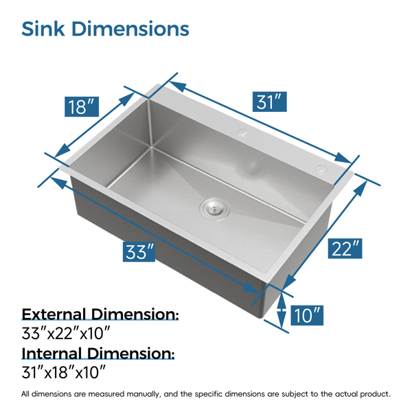 厨房水槽，33英寸x22英寸单盆，拉丝镍材质手工包覆式水槽，配备美式标准排水管和挂钩【周末不发货，TK/TEMU订单仅支持自提】-7