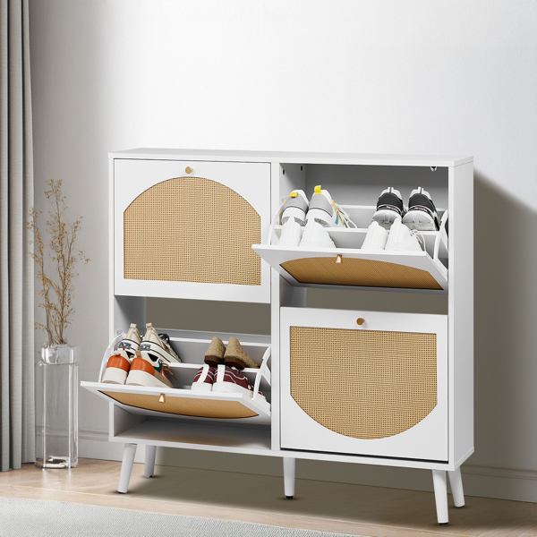 2排4个翻斗带高脚拱形藤面 鞋柜 刨花板+塑料藤 105*24*98cm 白色框架+原木色藤面+白色高脚 鞋柜-1