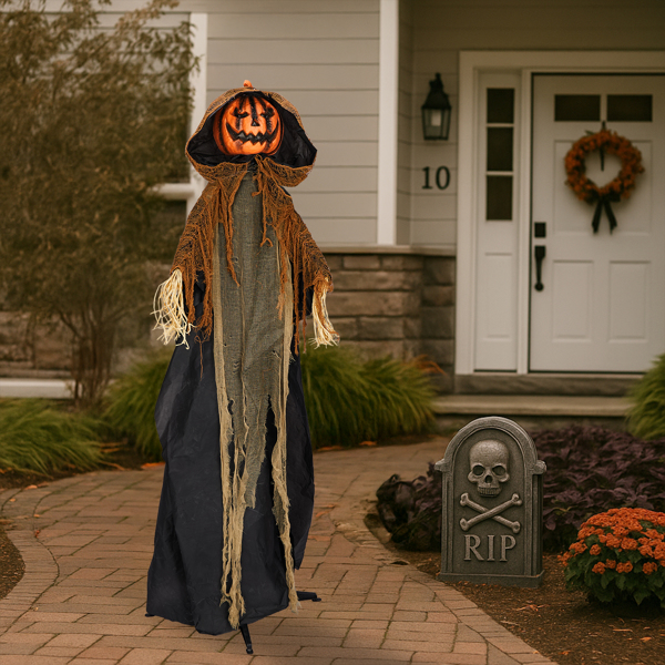 5.8ft  带帽南瓜人 眼睛红灯  头手动 鬼叫声 声控  电池款不含电池 万圣站立装饰-12