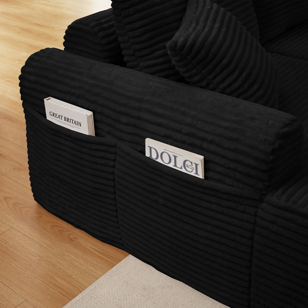 全压缩躺椅套装 - 模块化灯芯绒组合沙发，带拱形扶手、防滑底座，包含 3 个靠背垫和 2 个抱枕，右侧躺椅沙发-12