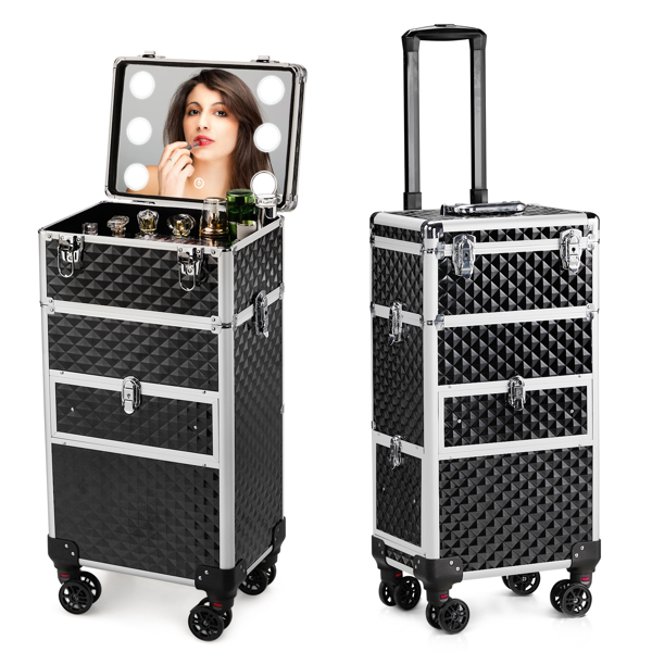2合一带LED三色变化灯 USB双插口双线 滑轨前抽 平面左抽可拆卸万向轮 铝制 钻石纹 黑色 化妆箱 34*24*72.5cm-18