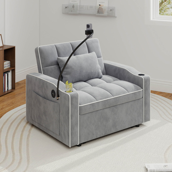 灯芯绒拉出式沙发床带靠枕，拉丝不锈钢杯架、手机支架及USB充电端口-9