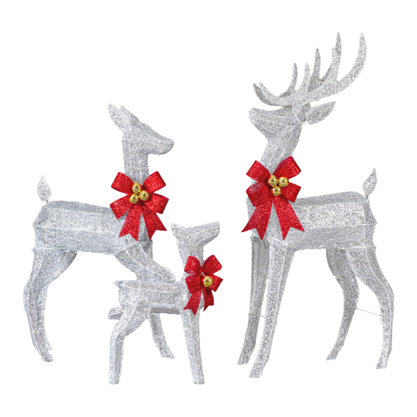 3pcs 4FT  银色 家庭麋鹿 210LED暖白灯 闪粉网纹布 圣诞灯饰麋鹿 31V 3.6W 英规-13