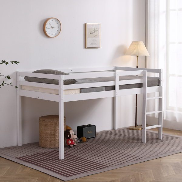 白色 油漆面 松木+胶合板 横撑护栏 Twin 儿童木床 带直梯 半高床 美国-21