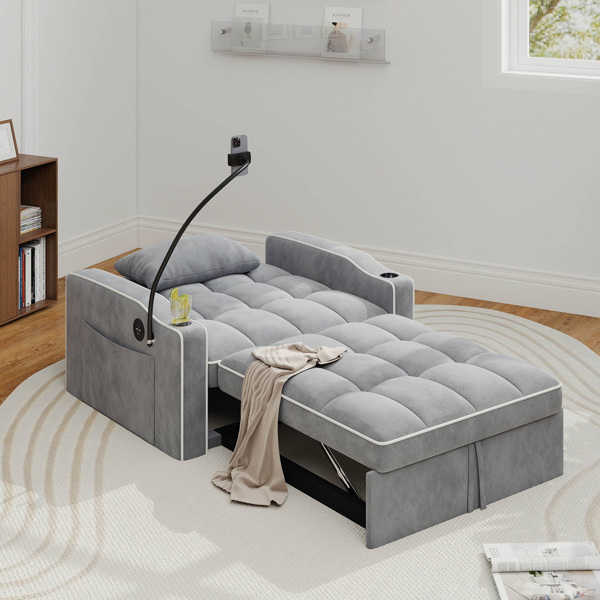 灯芯绒拉出式沙发床带靠枕，拉丝不锈钢杯架、手机支架及USB充电端口-11