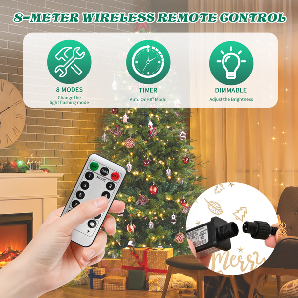 7.5ft  绿色  带红色系配饰 树裙 圣诞树 DIY 400LED暖白八模式 带遥控 950枝头 自动树 PE+PVC 圣诞树 30V 6W 美规-13