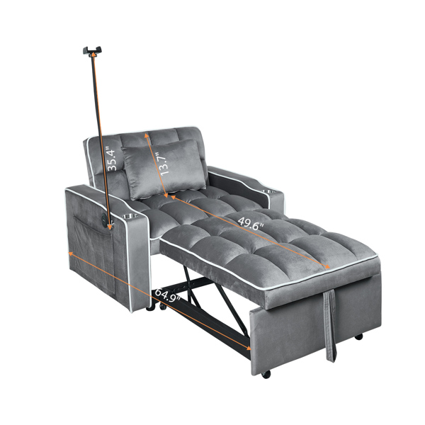 灯芯绒拉出式沙发床带靠枕，拉丝不锈钢杯架、手机支架及USB充电端口-8