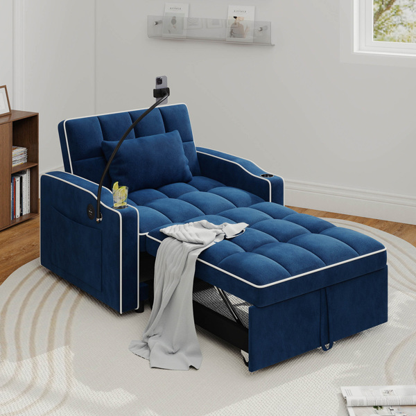 灯芯绒拉出式沙发床带靠枕，拉丝不锈钢杯架、手机支架及USB充电端口-11