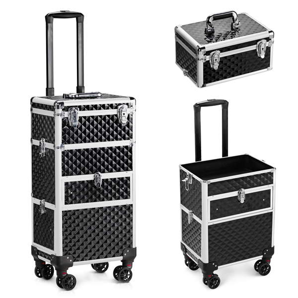 2合一带LED三色变化灯 USB双插口双线 滑轨前抽 平面左抽可拆卸万向轮 铝制 钻石纹 黑色 化妆箱 34*24*72.5cm-20