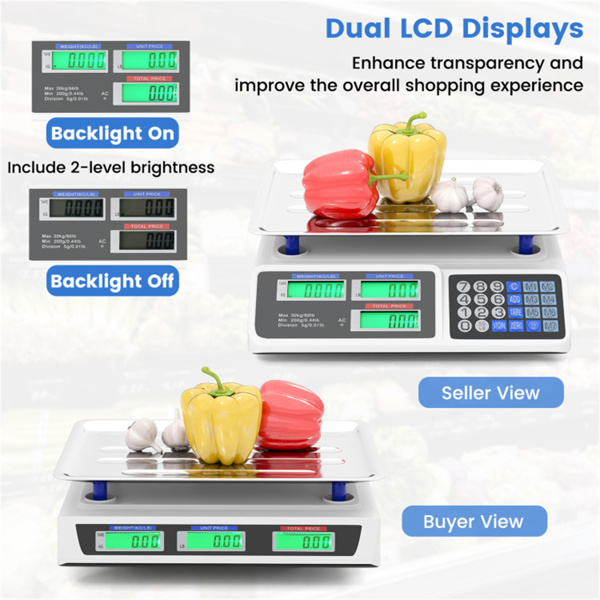 66lb/30kg数字农产品秤：精度0.01lb/5g，双背光LCD，3种电源选项，可拆卸不锈钢平台，适用于市场/熟食店-6