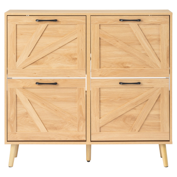 谷仓门4翻斗 金属黑色一字把手+三胺刨花板 浮雕面+原木色实木塑封锥形腿 鞋柜 106*24*98cm 原木色-3