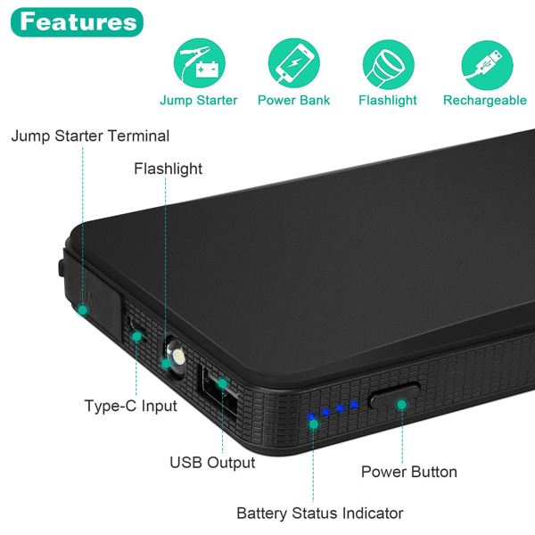 （物流随机发，自提可发加拿大）-20000mAh汽车启动电源 - 400A峰值电流适用于2.0L以下汽油发动机，便携式移动电源配备USB 5V/2A接口，三档应急手电（常亮/频闪/SOS求救模式），轻巧设计，理想赠礼之选-3