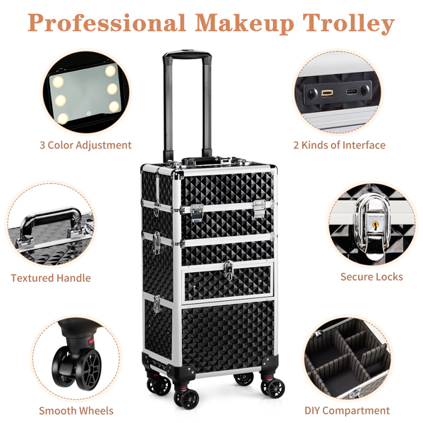 2合一带LED三色变化灯 USB双插口双线 滑轨前抽 平面左抽可拆卸万向轮 铝制 钻石纹 黑色 化妆箱 34*24*72.5cm-15