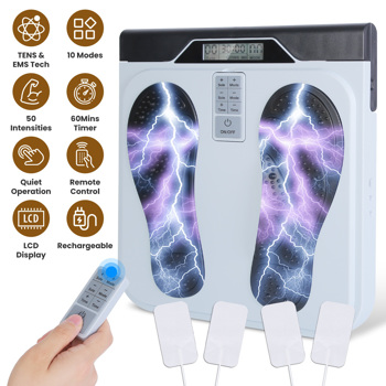 TENS & EMS足部按摩器，配备10种模式与50档强度调节——神经病变、足底筋膜炎及疼痛缓解专用电疗足部刺激器——4片电极贴片覆盖全身——无线设计配遥控器
