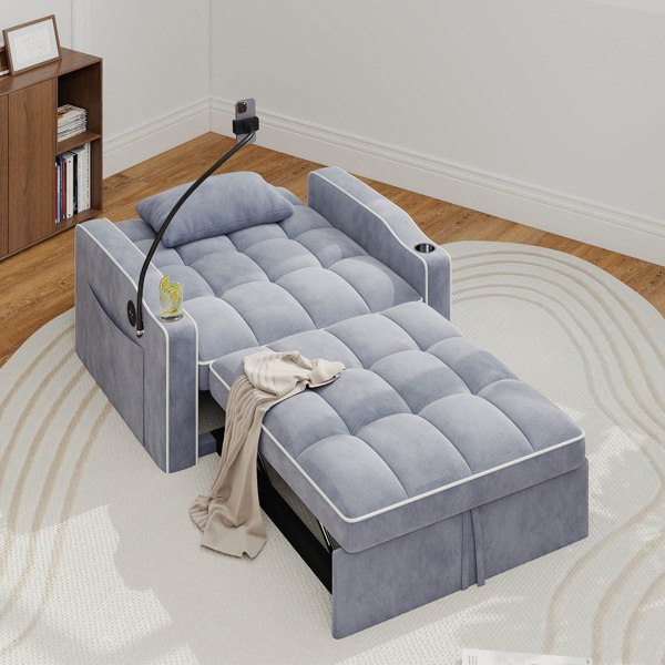 灯芯绒拉出式沙发床带靠枕，拉丝不锈钢杯架、手机支架及USB充电端口-10