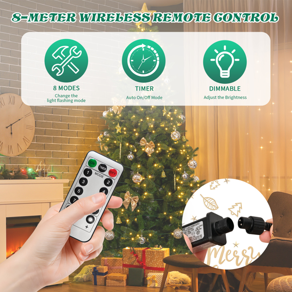 7.5ft  绿色  带金色系配饰 树裙 圣诞树 DIY 400LED暖白八模式 带遥控 950枝头 自动树 PE+PVC 圣诞树 30V 6W 美规-13