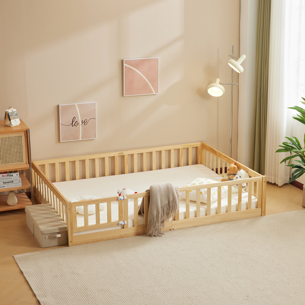 原木色 油漆面 松木 围栏床 带门 带铺板 Full 儿童木床-6