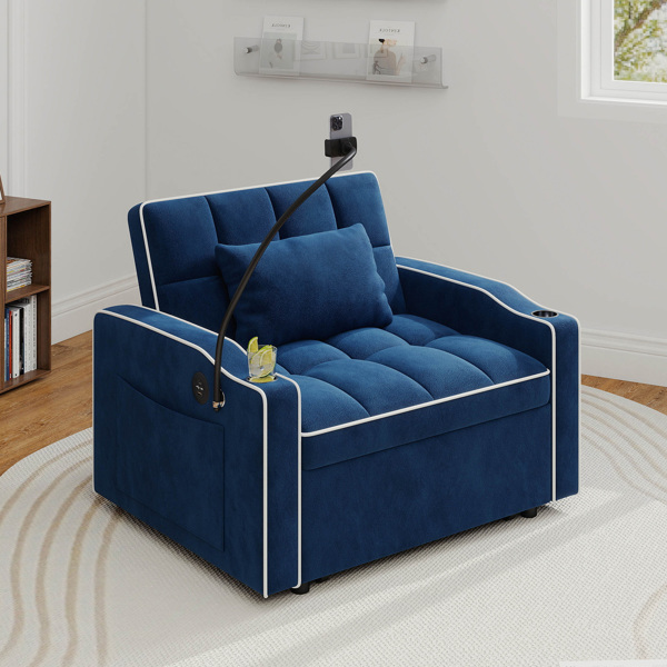 灯芯绒拉出式沙发床带靠枕，拉丝不锈钢杯架、手机支架及USB充电端口-10