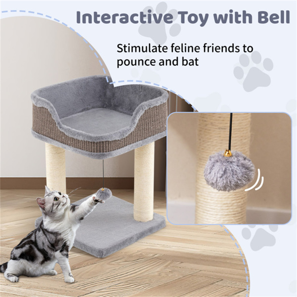 2-Level Cat Furniture - Engaging Bell + Pompom Toys, Sisal + Plush + Engineered Wood Build, Ideal for Tight Spaces-7