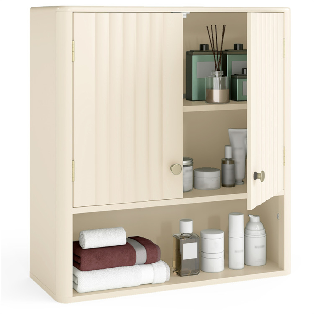 Beige Fluted Wall Cabinet (21.5"x7.5"x24") - Over-Toilet Storage w/ 2 Doors Open Shelf 3-Position Adjustable Shelf