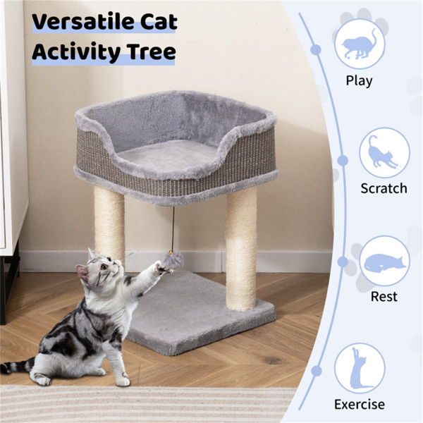 2-Level Cat Furniture - Engaging Bell + Pompom Toys, Sisal + Plush + Engineered Wood Build, Ideal for Tight Spaces-2