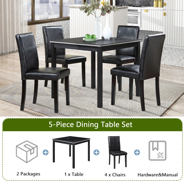 5 Piece Wooden Dining Table Set, Kitchen Table Set with a Square Table and 4 Upholstered Chairs, Wooden Dining Room Table with Crystal Decoration and Chairs Set for Kitchen, Dining Room, Black-9