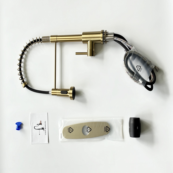 带下拉式喷雾器的厨房水龙头，适用于农舍露营者洗衣设施的1孔或3孔水龙头，Rv湿吧水槽，不锈钢，拉丝金【周末不发货，TK/TEMU订单仅支持自提】-4