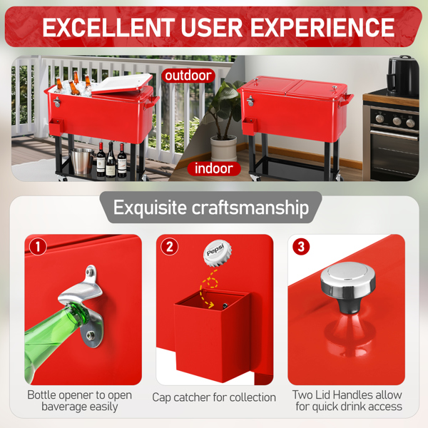 80qt 红色箱体 黑色脚管 冷冻保温推车 91*87*48cm 长方形 铁喷塑 带排水管-7