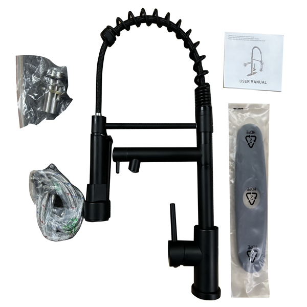 带下拉式喷雾器的厨房水龙头，单把手2功能不锈钢弹簧颈，单孔安装，适用于住宅、商业、房车、酒吧等，哑光黑色【周末不发货，TK/TEMU订单仅支持自提】-5