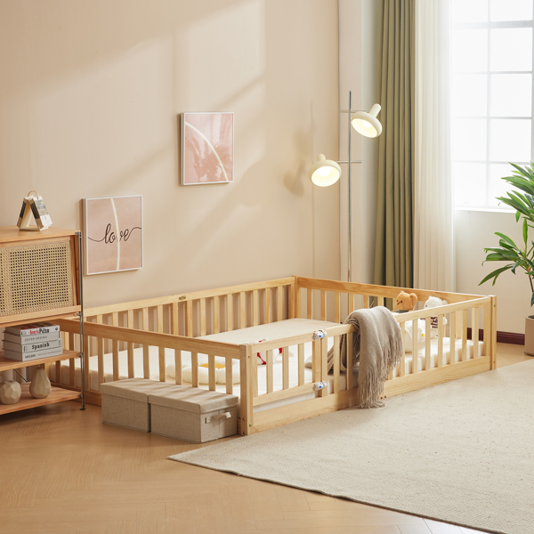 原木色 油漆面 松木 围栏床 带门 带铺板 Full 儿童木床-7