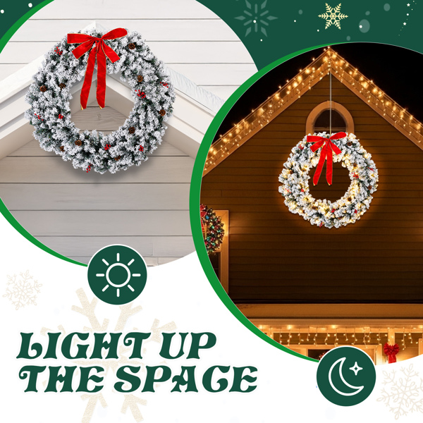 48in 绿色植绒 花环 带蝴蝶结 松果红果 450枝头 150LED暖白8模式 带遥控   PVC 圣诞PVC花环 30V 3.6W 美规-8