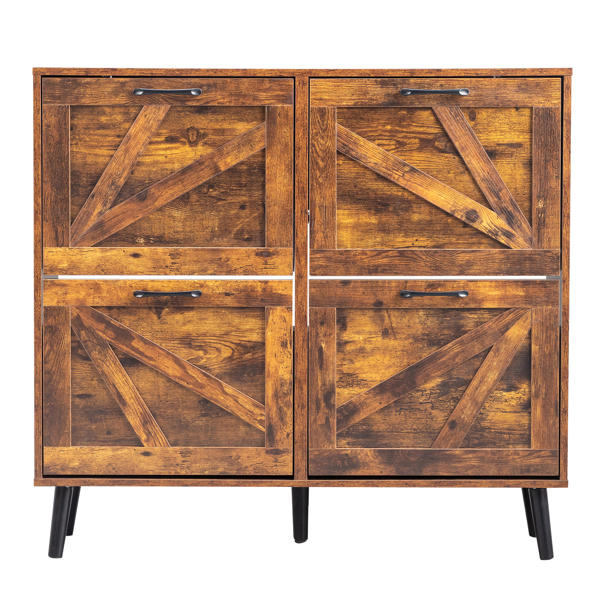 谷仓门4翻斗 金属黑色一字把手+三胺刨花板+黑色实木塑封锥形腿 鞋柜 106*24*98cm 腐木色-3