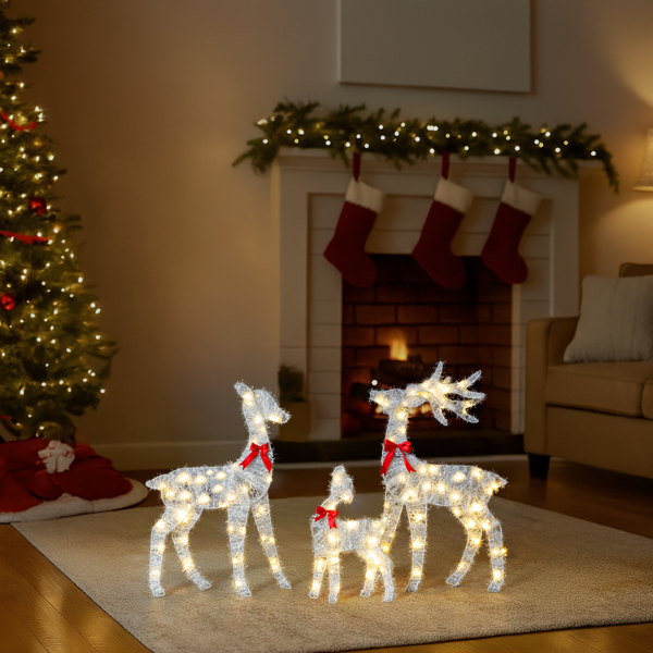 3pcs 2.4FT  白色葱丝 2D 家庭麋鹿 110L暖白光皮线灯 绕线 圣诞灯饰麋鹿 4.5V 3.6W-9