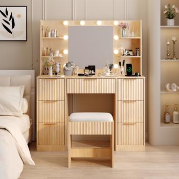 橡木色 刨花板 贴麻面三胺 7抽4层架 梳妆桌套装 带10粒三色调光灯泡 排插 格栅系列