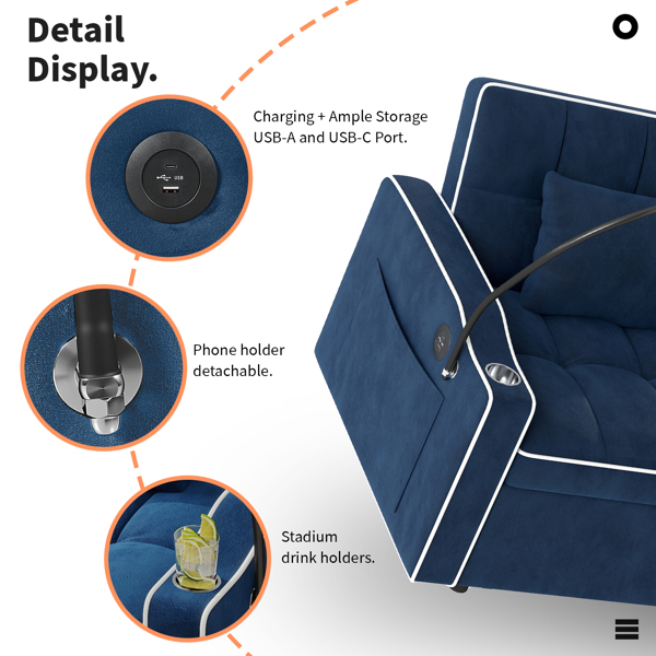 灯芯绒拉出式沙发床带靠枕，拉丝不锈钢杯架、手机支架及USB充电端口-6