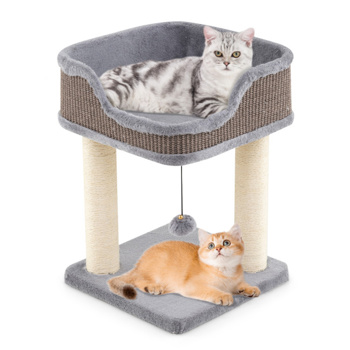 2-Level Cat Furniture - Engaging Bell + Pompom Toys, Sisal + Plush + Engineered Wood Build, Ideal for Tight Spaces