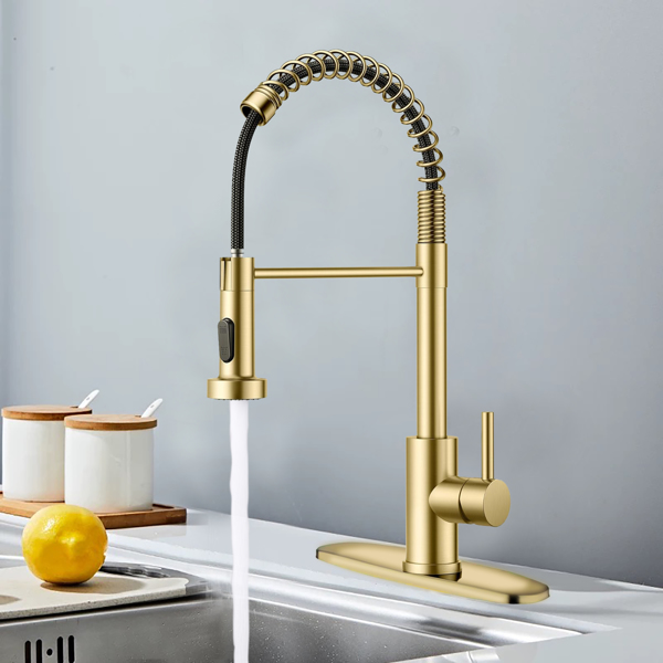 带下拉式喷雾器的厨房水龙头，适用于农舍露营者洗衣设施的1孔或3孔水龙头，Rv湿吧水槽，不锈钢，拉丝金【周末不发货，TK/TEMU订单仅支持自提】-2